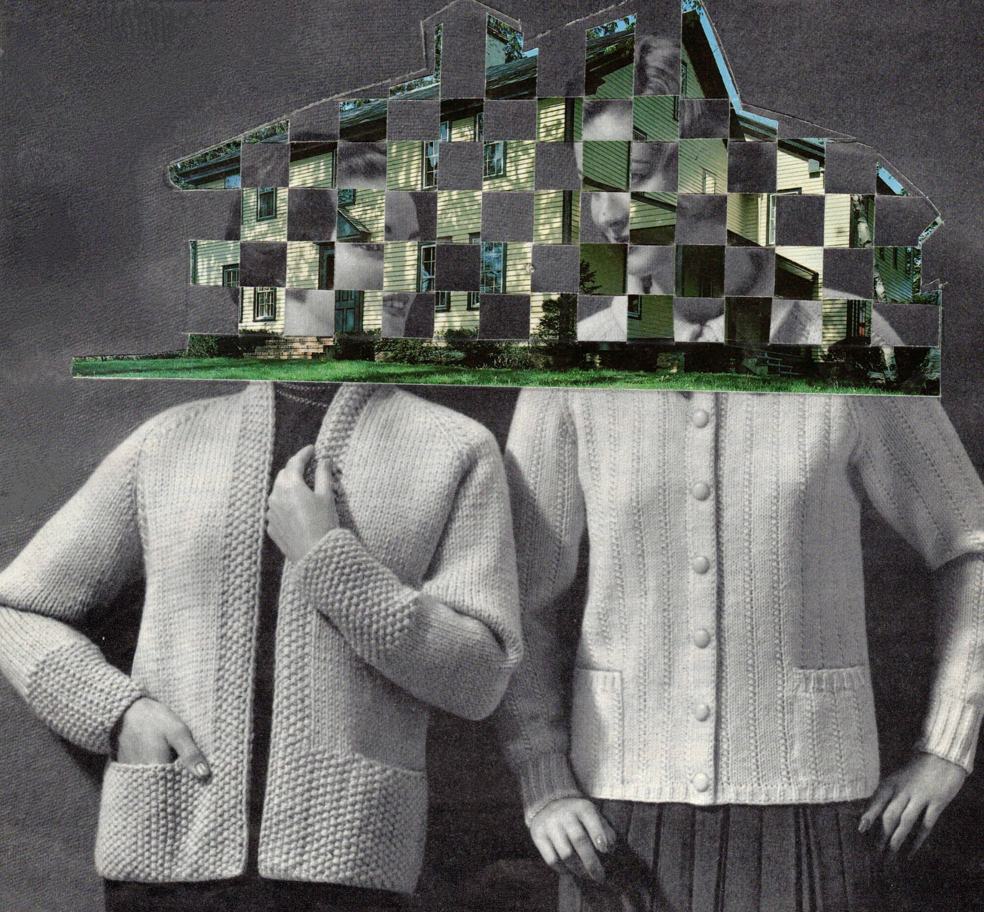 A collage of two people, with a house superimposed over their heads.